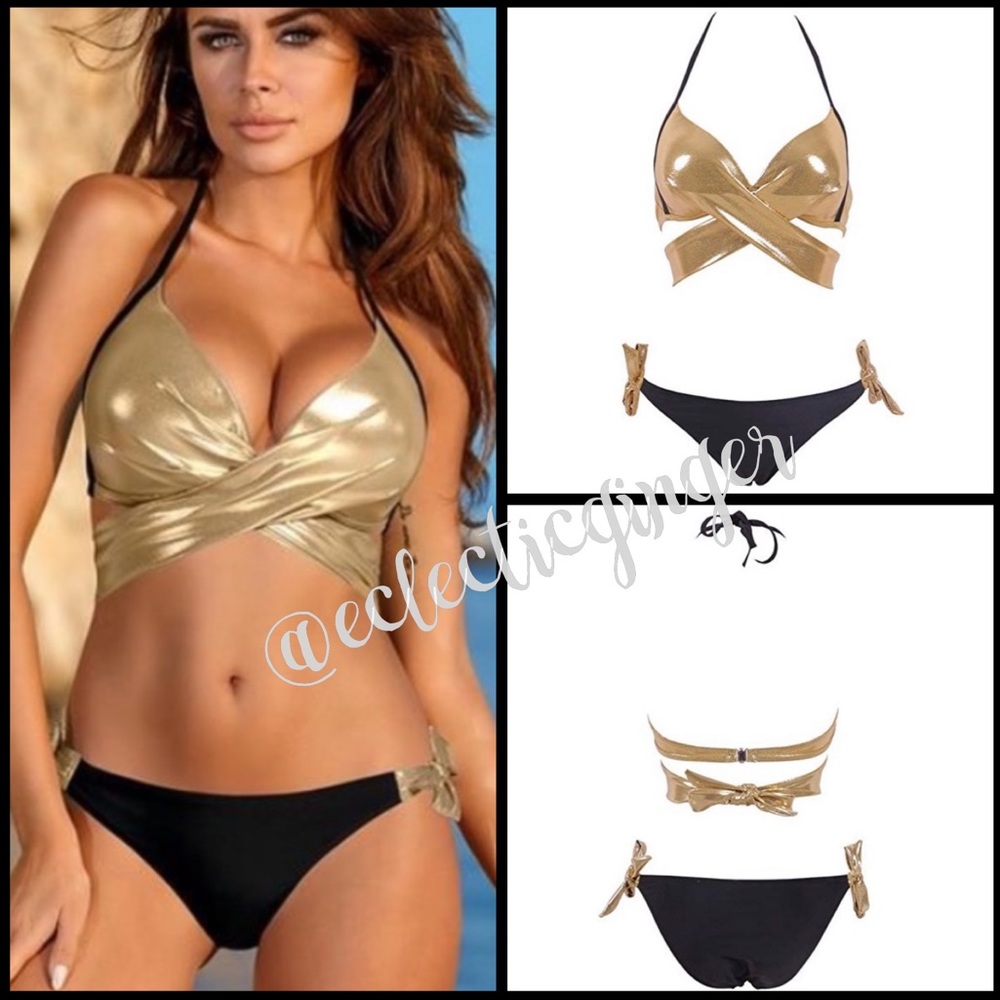 Gold/Black halter push up top bikini - Picture 1 of 7